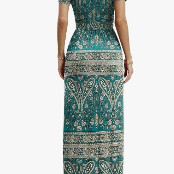 Women's Short Sleeve V-Neck Maxi Dress, Pleated Waist, Pockets - Picture 2 of 3